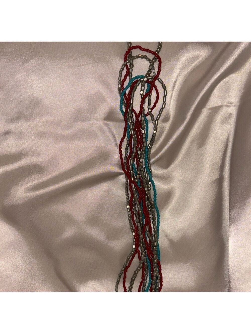 Silver, Teal, Dark Red Multi-Strand Beaded Necklace